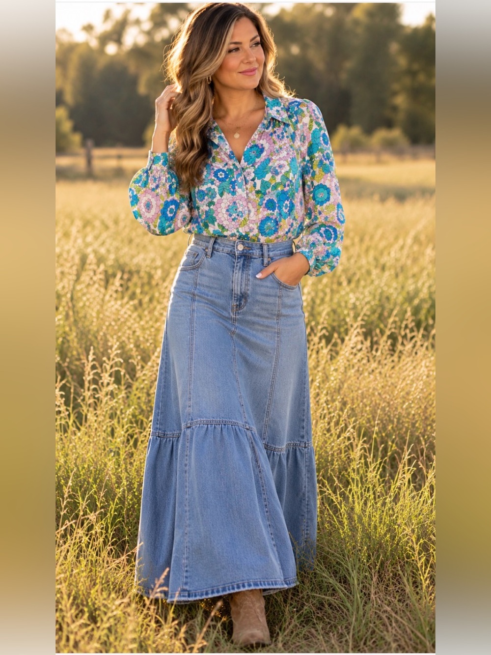 Dodo Bar Or Blue Floral Blouse Small EUC RARE FIND Boho Hippie Y2K